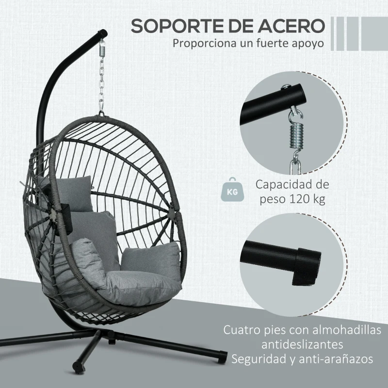 Outsunny Silla Colgante Huevo con Soporte con Cesta Plegable Cojín y Reposacabezas para Interior y Exterior Carga 120 kg Gris