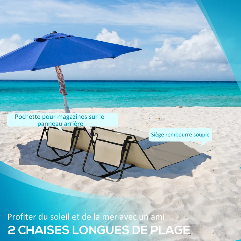 Outsunny Lot de 2 tapis de plage rembourré dossier inclinable multi-positions acier polyester beige