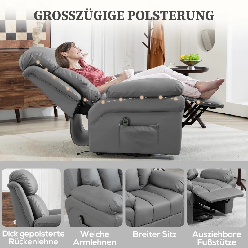 HOMCOM Relaxsessel mit Aufstehhilfe, Liegefunktion, Kunstleder, bis 130 kg, 96x93x105cm, Grau
