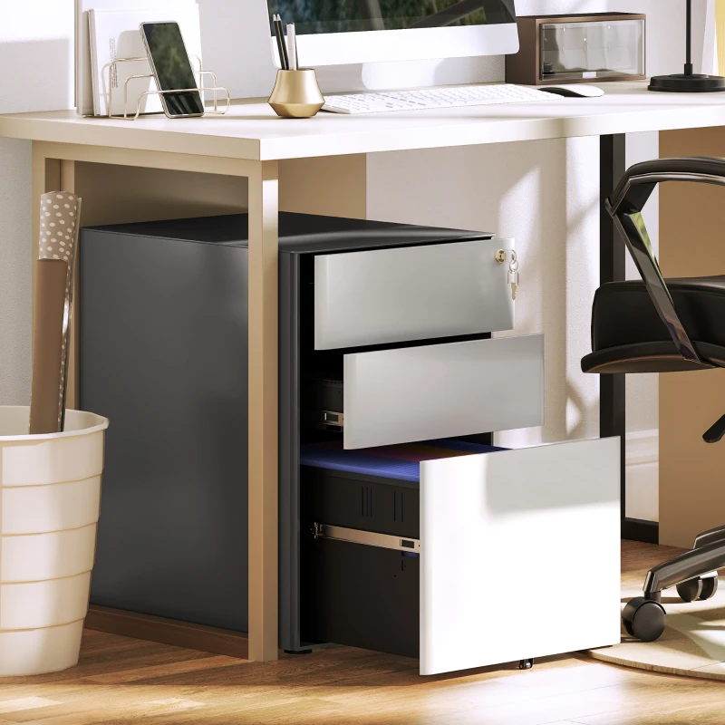 Vinsetto Archiefkast, Rolcontainer, 3 Lades & Hangmapframe, Slot, Stalen Behuizing, 39x48x59 cm, Wit+Grijs