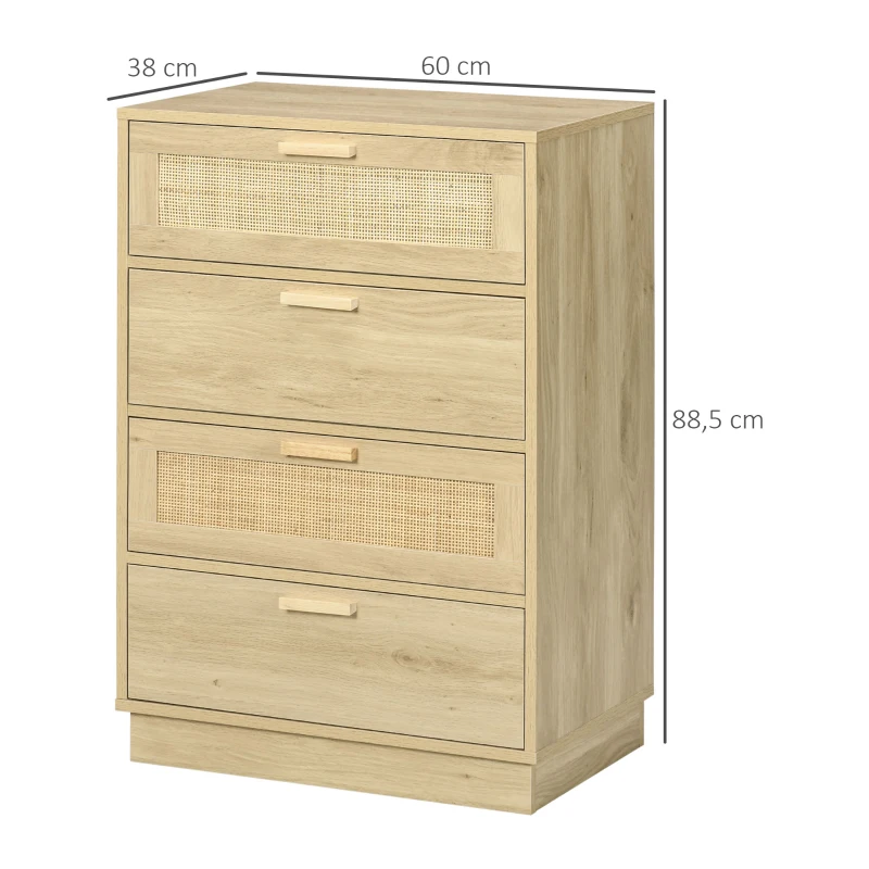 HOMCOM Commode design bohème en rotin avec 4 tiroirs, meuble de rangement pour le salon, le couloir, l'entrée, bois naturel