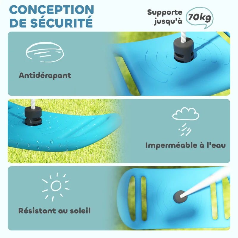 AIYAPLAY Balançoire enfant extérieur et intérieur avec corde réglable, mousqueton, charge max. 70 kg, bleu