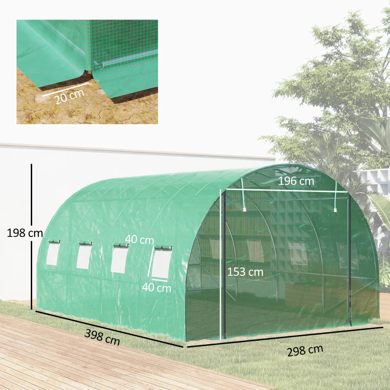 Outsunny Serre tunnel de jardin 3 x 4 x 2 m avec porte enroulable et grandes fenêtres, en acier galvanisé et PE, vert