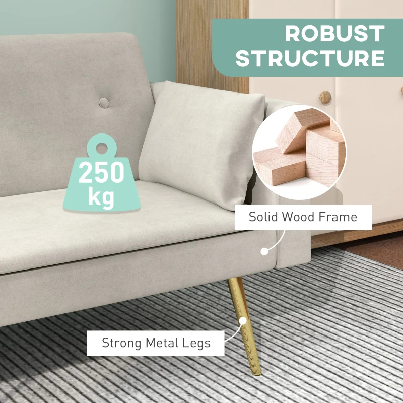 HOMCOM 2-osobowa sofa do spania, regulowane oparcie, miękkie poduszki, pokrycie w wyglądzie aksamitu, do salonu, pokoju gościnnego, Beżowy