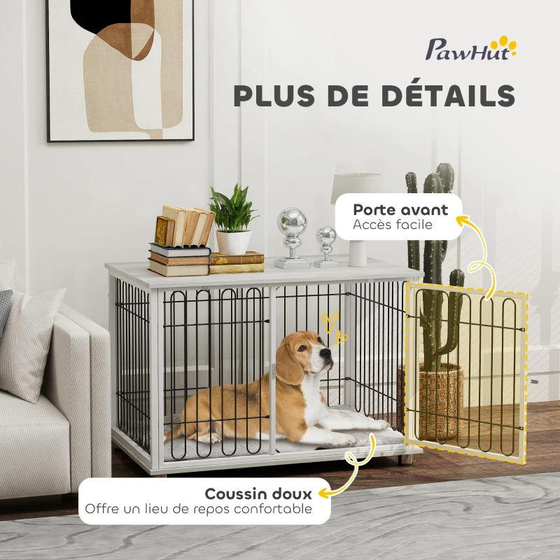 PawHut Cage pour chien caisse pour chien avec coussin pieds réglables pour chiens moyens jusqu'à 20 kg 90 x 58 x 62,5 cm gris
