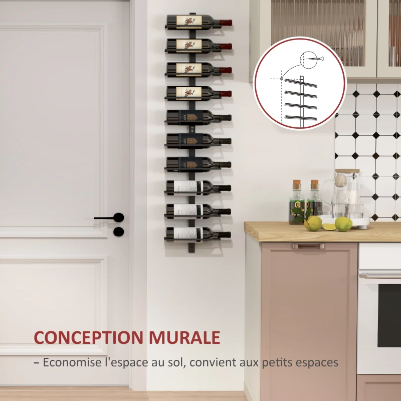 HOMCOM Porte bouteille mural en acier pour 10 bouteilles, pour cuisine, bar, salle à manger, cave, noir