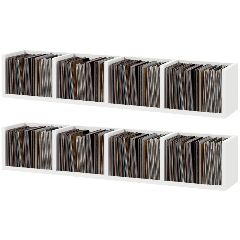 HOMCOM Wall Mount 84 CD / 56 DVD/Blu-ray/ Media Storage Rack 4 Cubes, Wooden Shelf Organiser Unit Bookcase Display, Set of 2, White