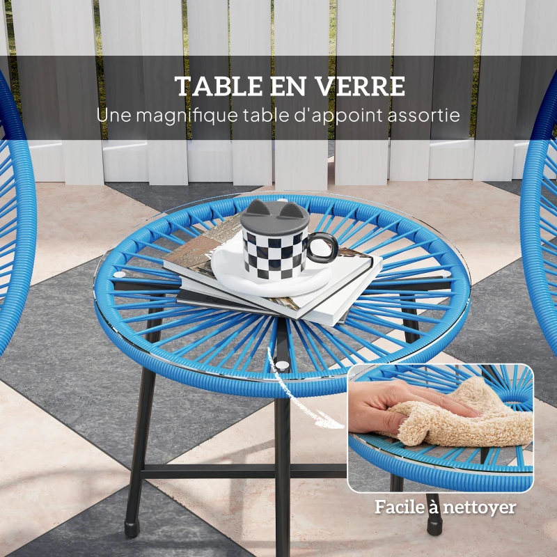 Outsunny Salon de jardin extérieur en résine tressée 2 personnes, plateau en verre trempé, pour balcon terrasse patio, bleu