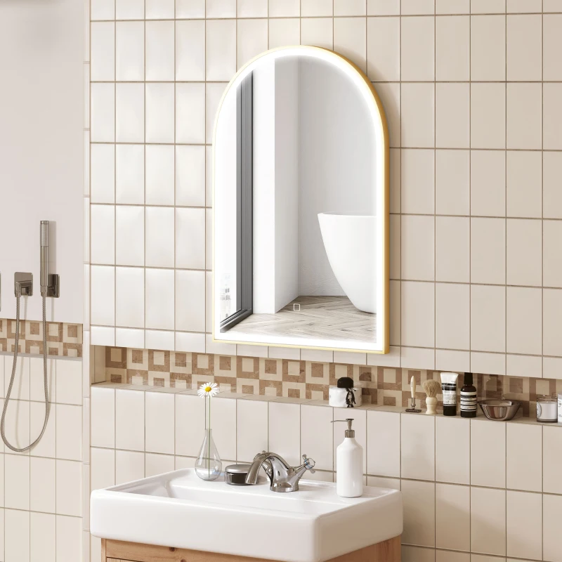 HOMCOM Miroir de salle de bain LED 90 x 60cm, mural, 3 couleurs, arqué cadre en aluminium, désembuage et interrupteur tactile