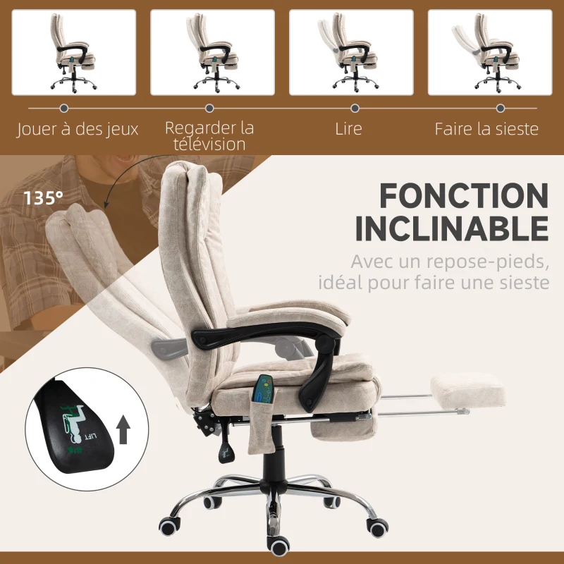 Vinsetto Fauteuil de bureau massant et chauffant avec hauteur réglable, dossier inclinable, repose-pied et télécommande, crème