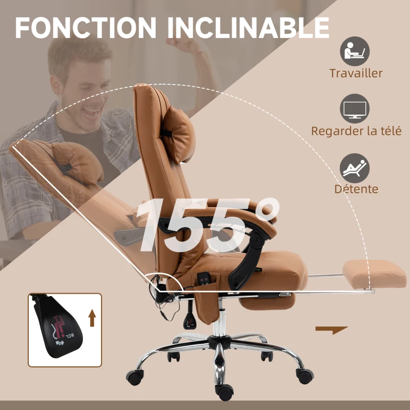 Vinsetto Fauteuil de bureau massant chauffant avec repose-pieds têtière sur roulettes revêtement synthétique marron