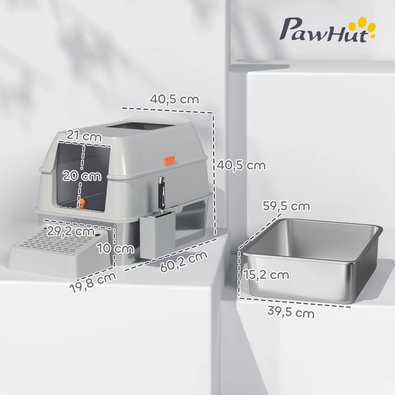 PawHut Arenero para Gatos Cubierto de Acero Inoxidable con Paso de Salida y Pala de Acero Inoxidable Gris Claro