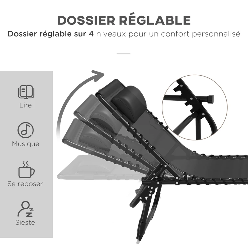 Outsunny Lot de 2 bain de soleil transat pliable dossier inclinable multi-positions acier lacets élastiques textilène noir