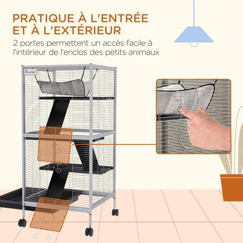 PawHut Cage pour Petits Animaux Portable à 4 Niveaux avec Roulettes, 2 Portes, 3 Rampes, Hamac et Plateau Amovible