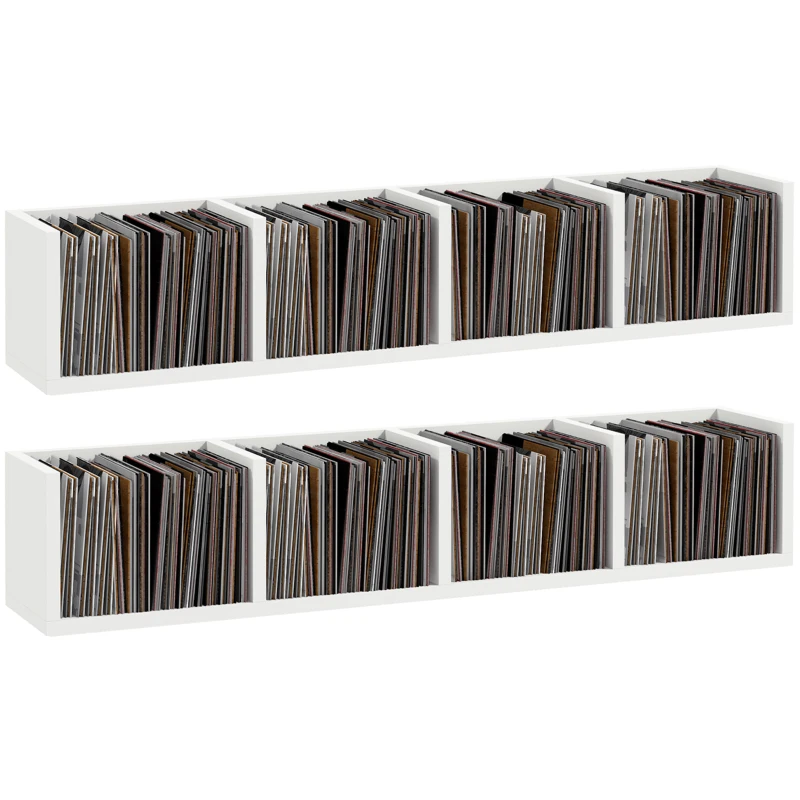 HOMCOM Wall Mount 84 CD / 56 DVD/Blu-ray/ Media Storage Rack 4 Cubes, Wooden Shelf Organiser Unit Bookcase Display, Set of 2, White