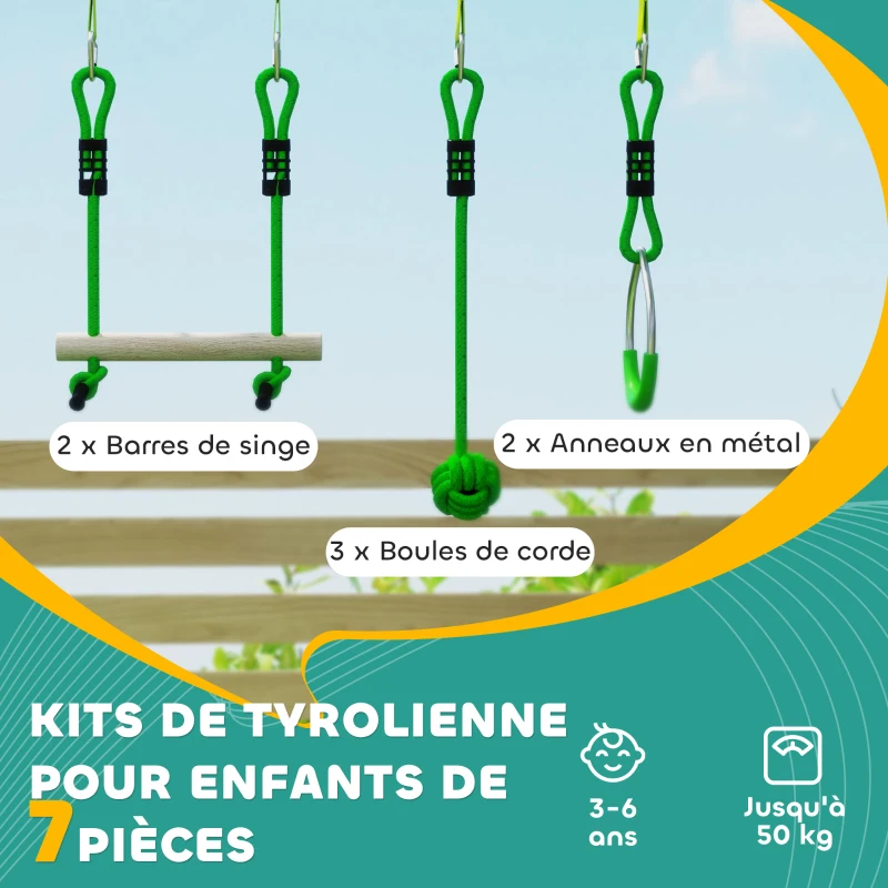AIYAPLAY Parcours d'obstacles Ninja pour enfants 10 M kit de tyrolienne complet 7 pièces charge 50 kg, installation facile, vert