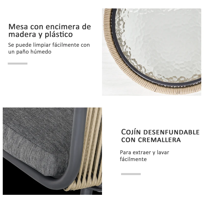 Outsunny Juego de 2 Sillas y Mesa de Ratán con Cojines Acolchados y Encimera de Vidrio para Balcón Terraza Café y Gris