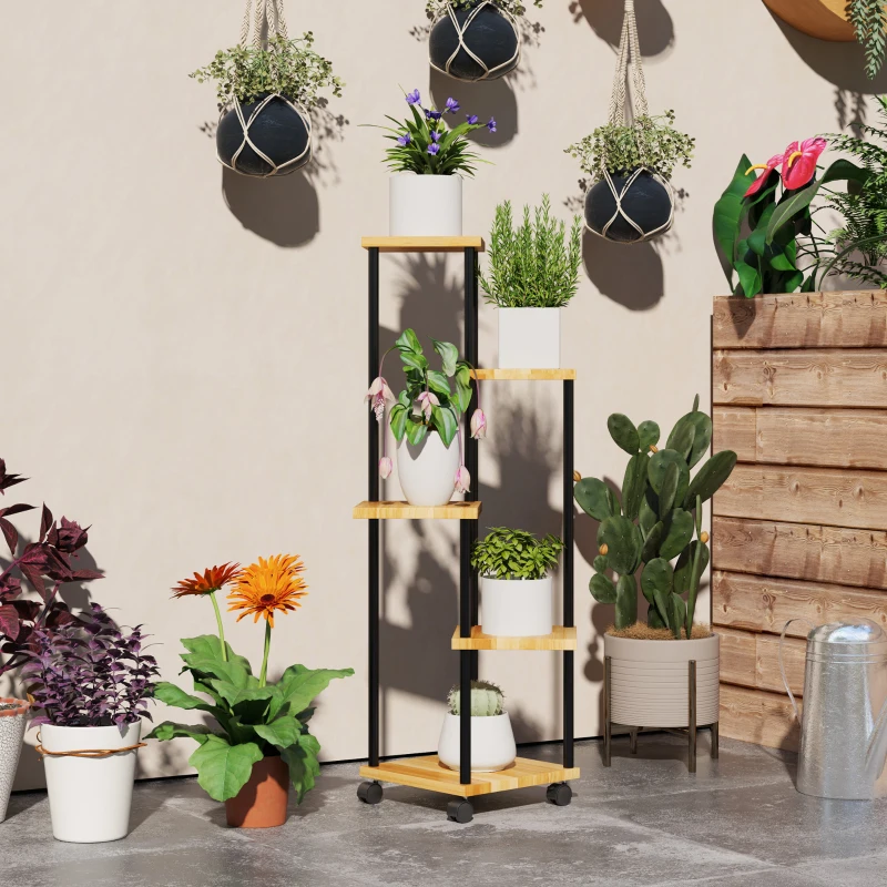 Outsunny Support à plantes à 5 niveaux pour intérieur et extérieur, étagère plante avec 4 roues  en acier et bois bois naturel