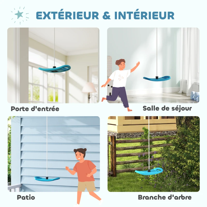 AIYAPLAY Balançoire enfant extérieur et intérieur avec corde réglable, mousqueton, charge max. 70 kg, bleu