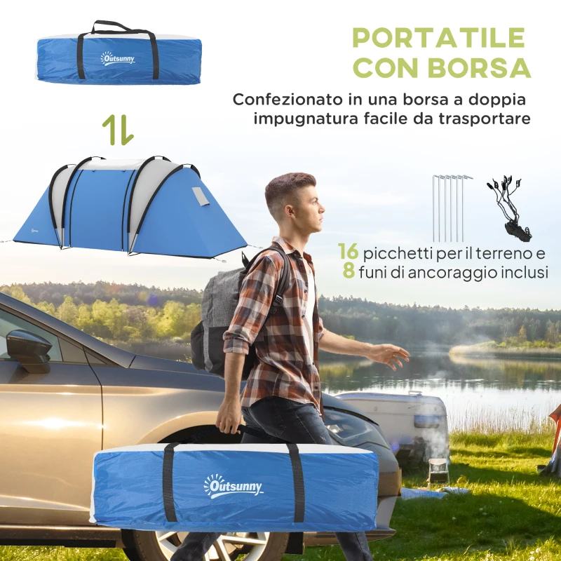 Outsunny Tenda da Campeggio 2 Posti Impermeabile con 2 Stanze Borsa di Trasporto, 220x450x180 cm, Blu
