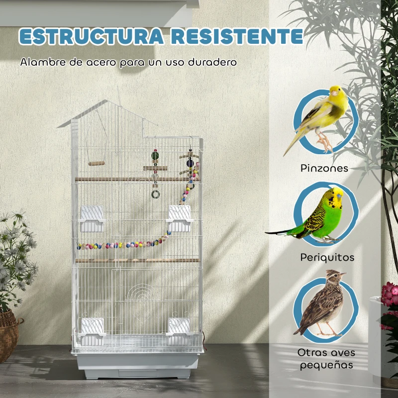 PawHut Pajarera con Múltiples Puertas 4 Comederos 3 Perchas Columpio Escaleras y Bandeja Extraíble 46x36x100 cm Blanco