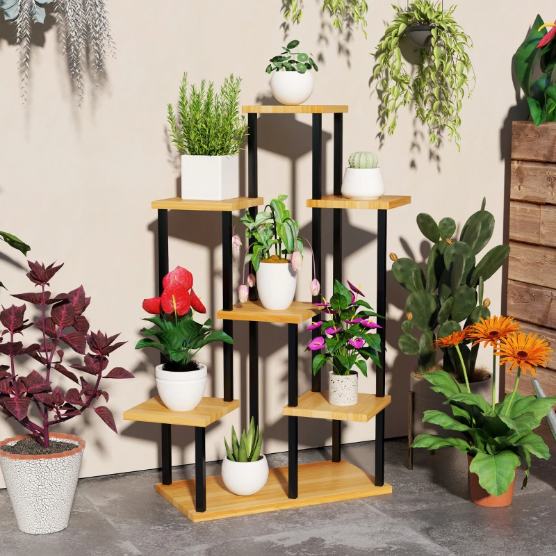 Outsunny Support à plantes à 7 niveaux pour intérieur et extérieur, étagère plante en acier et bois, bois naturel