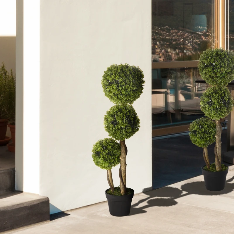 HOMCOM Set of 2 Decorative Artificial Tree Boxwood Ball Topiary Tree in Pot, Fake Plant for Home Indoor Outdoor Decor, 90 cm, Light Green