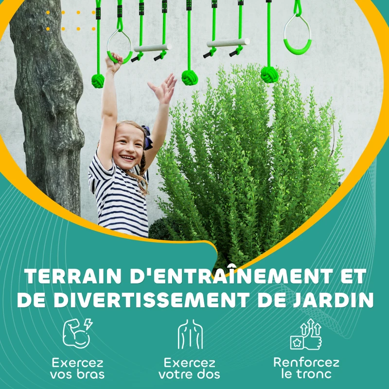 AIYAPLAY Parcours d'obstacles Ninja pour enfants 10 M kit de tyrolienne complet 7 pièces charge 50 kg, installation facile, vert