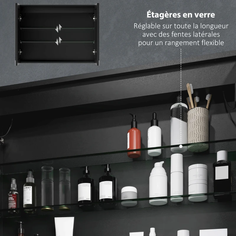 HOMCOM Armoire de toilette avec miroir, éclairage LED, 60 x 80 cm fonction anti-buée, variateur de lumière, 3 couleurs, noir