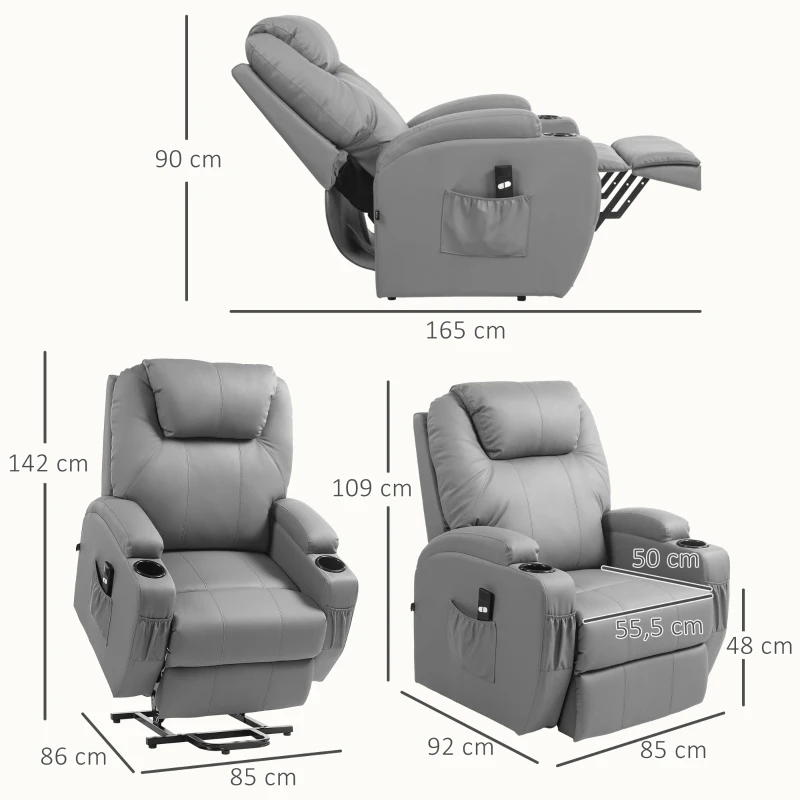 HOMCOM Elektrischer Relaxsessel mit Aufstehhilfe, Getränkehalter, 4 Taschen, 84x92x109 cm, Hellgrau