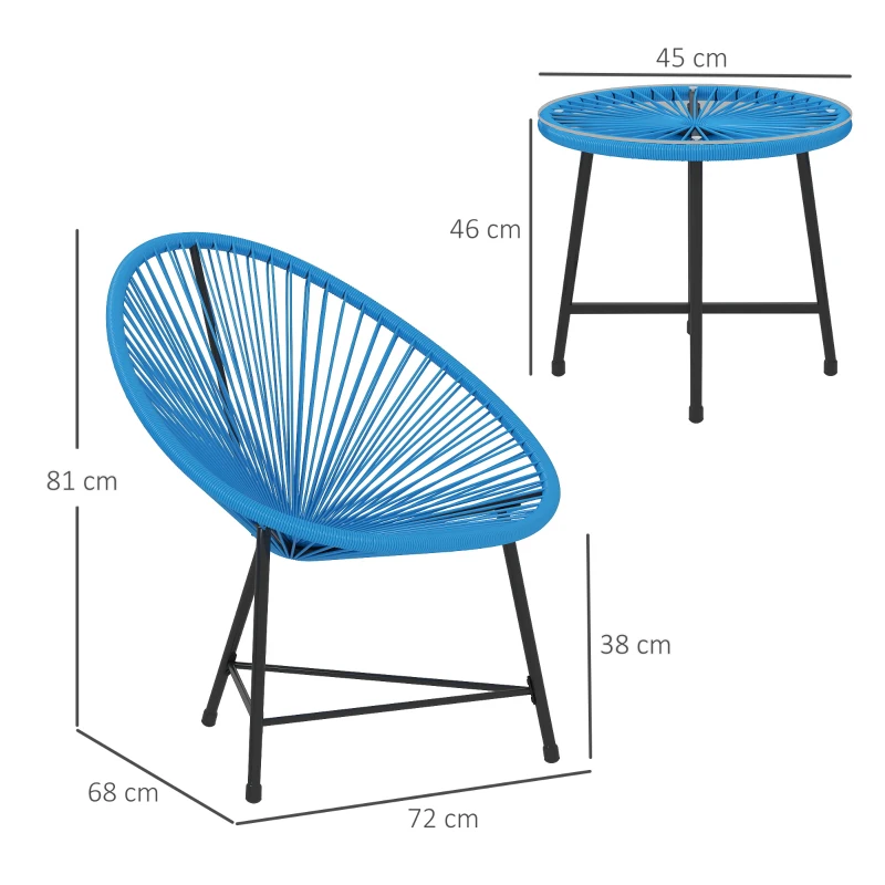 Outsunny Salon de jardin extérieur en résine tressée 2 personnes, plateau en verre trempé, pour balcon terrasse patio, bleu