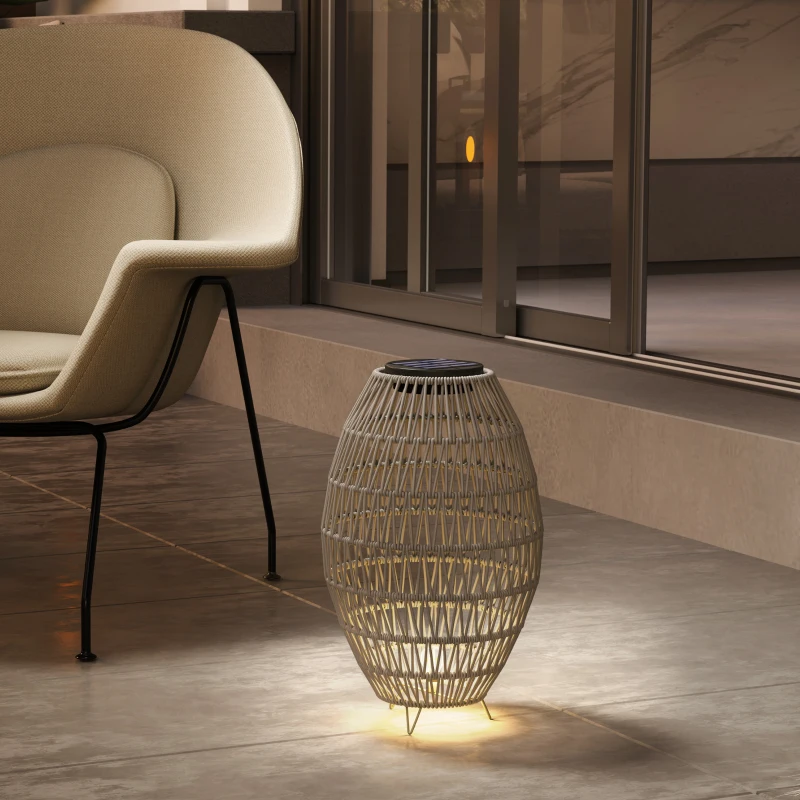 Outsunny Rattan Solar Lamp, Garden Solar Lantern with Auto On/Off Light, IP44 Waterproof, Decorative Outdoor Rattan Lamp for Porch, Pathway, Grey