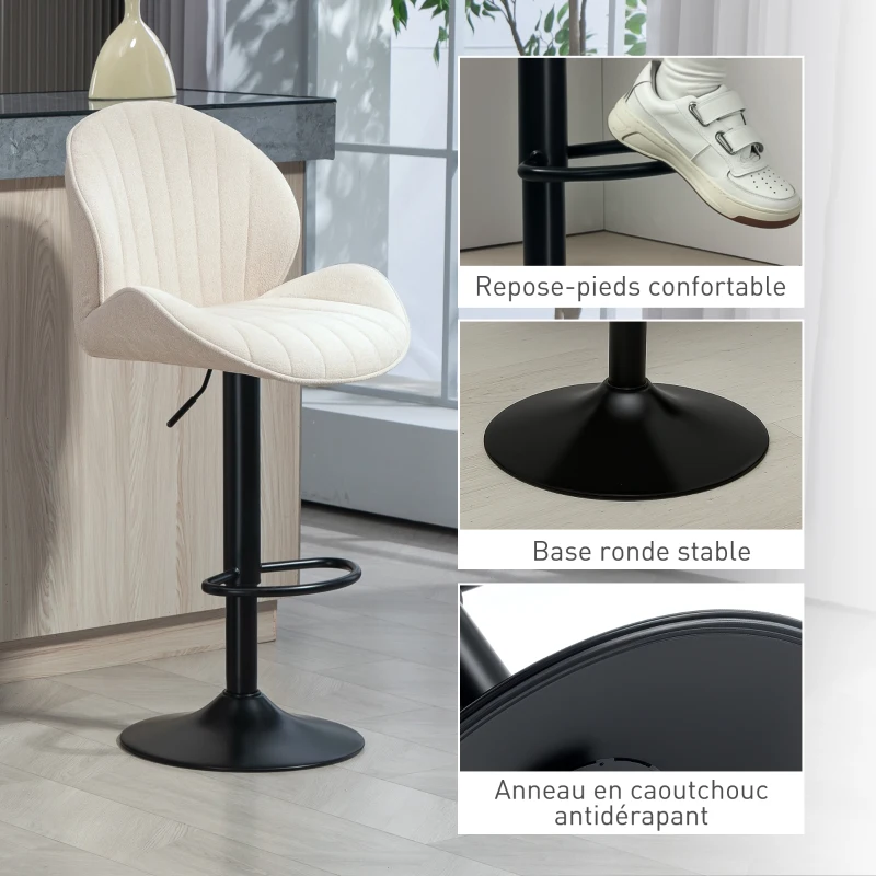 HOMCOM Lot de 2 tabourets de bar forme de coquillage, dossier, hauteur réglable et repose-pieds, cadre en acier, beige