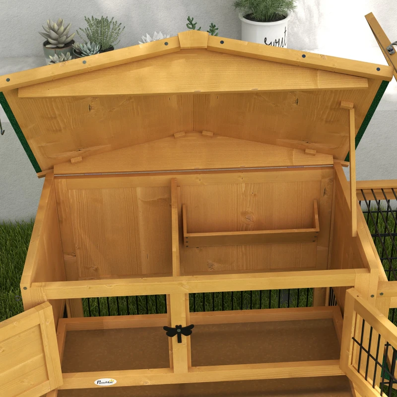 PawHut Hasenstall 2 Ebenen Kaninchenstall Tannenholz Winterfest Doppelstockhaus mit Freilaufgehege Rampe 150x52x68 cm Gelb(m-9)
