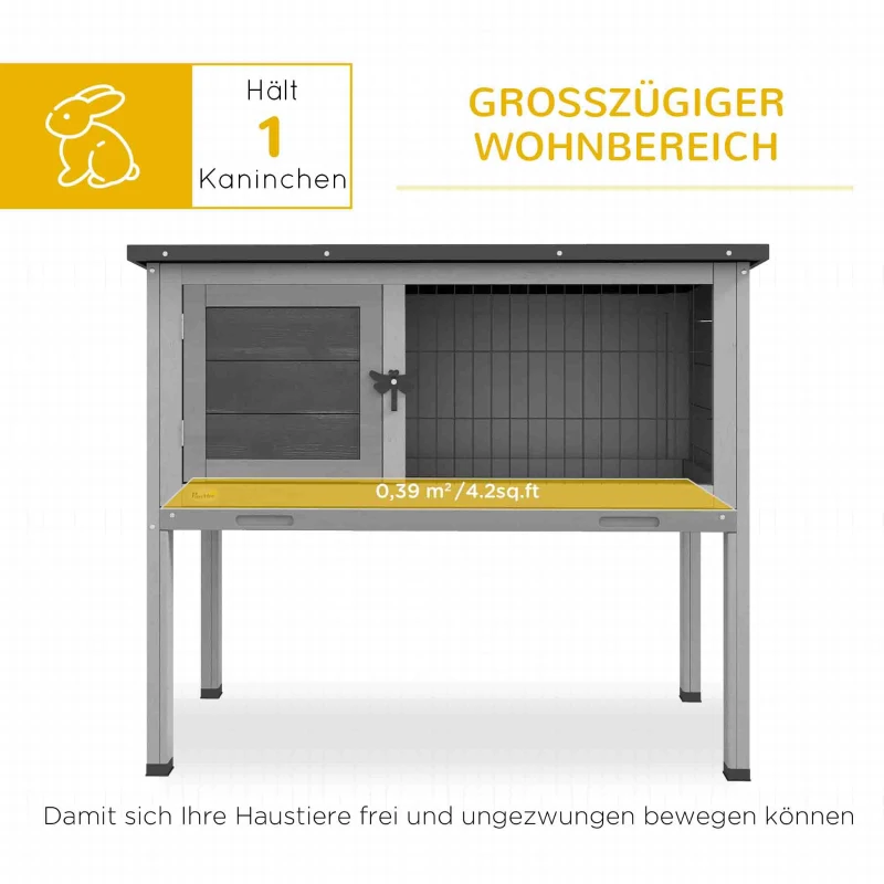 PawHut Hasenstall Kaninchenstall aus Tannenholz Winterfest Hasenkäfig mit aufklappbar Dach 84x43x70 cm Grau(m-4)