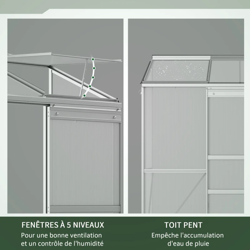 Outsunny Serre adossée serre de jardin fenêtres ouvrables à 5 niveaux panneau en PC cadre aluminium 1,9 x 0,7 x 2 m transparent