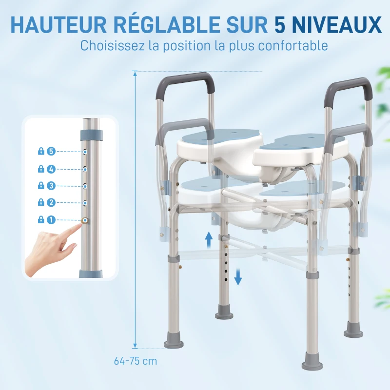 HOMCOM Chaise de douche avec accoudoirs siège de douche en forme U hauteur réglable anti-dérapant 53 x 36 x 64-75 cm bleu clair