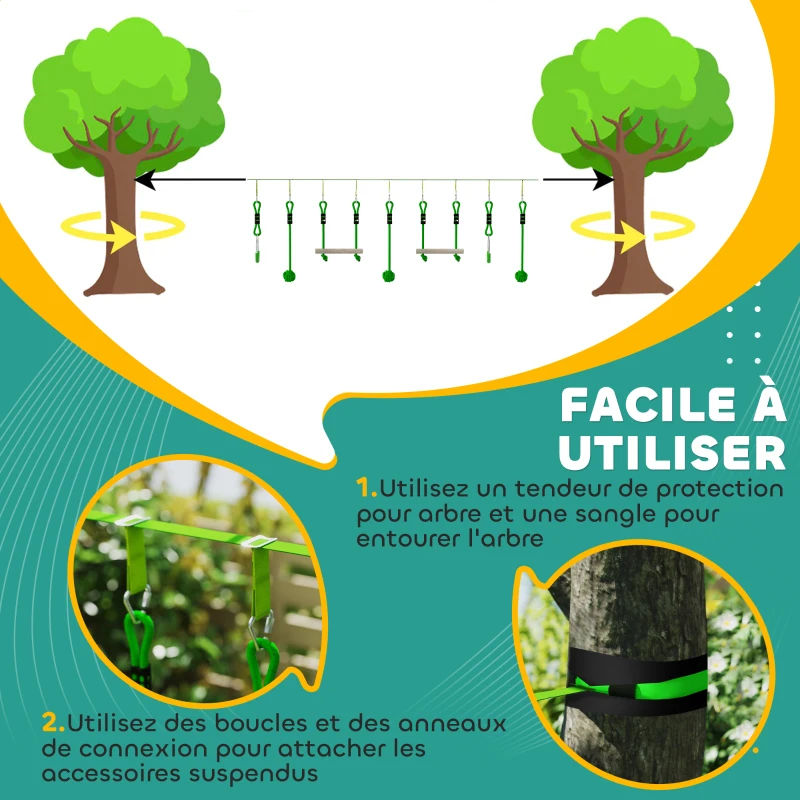 AIYAPLAY Parcours d'obstacles Ninja pour enfants 10 M kit de tyrolienne complet 7 pièces charge 50 kg, installation facile, vert