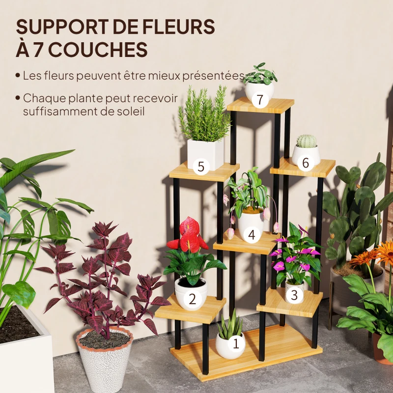 Outsunny Support à plantes à 7 niveaux pour intérieur et extérieur, étagère plante en acier et bois, bois naturel