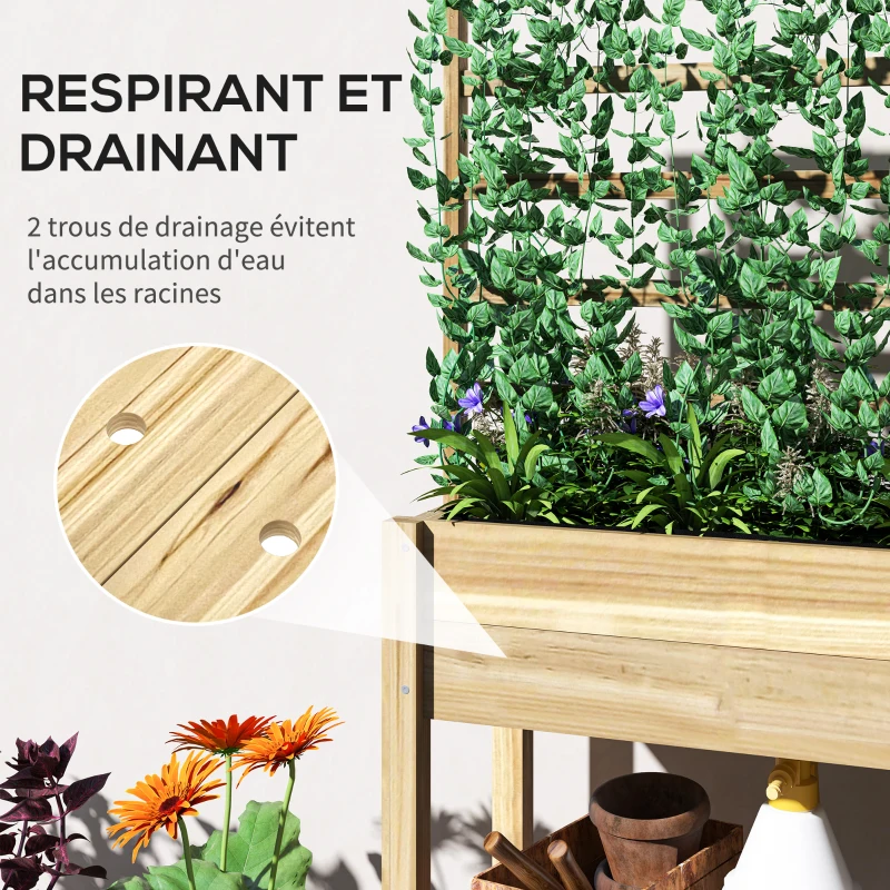 Outsunny Jardinière sur pieds, carré potager de jardin sur pieds avec treillis et étagère, en bois, 88 x 37 x 137 cm bois naturel