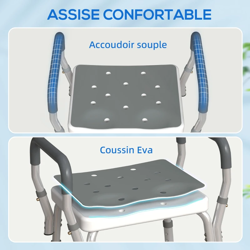 HOMCOM Tabouret de douche pour personnes âgées et handicapées avec accoudoirs, hauteur réglable, patins antidérapants, gris(m-5)