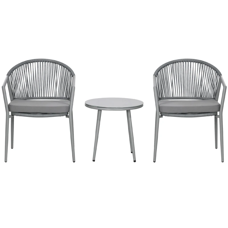 Outsunny Juego de 2 Sillas y Mesa de Ratán con Cojines Acolchados y Encimera de Vidrio para Balcón Terraza Gris