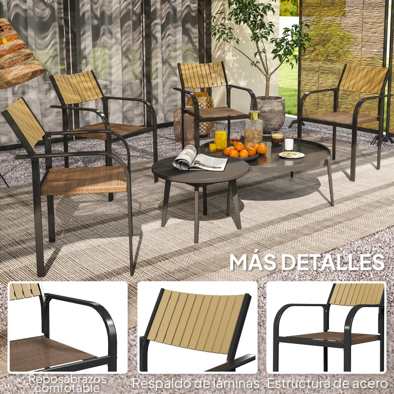 Outsunny Juego de 4 Sillas de Jardín Exterior Apilables con Tela Transpirable Reposabrazos y Respaldo 58x65x85 cm Marrón