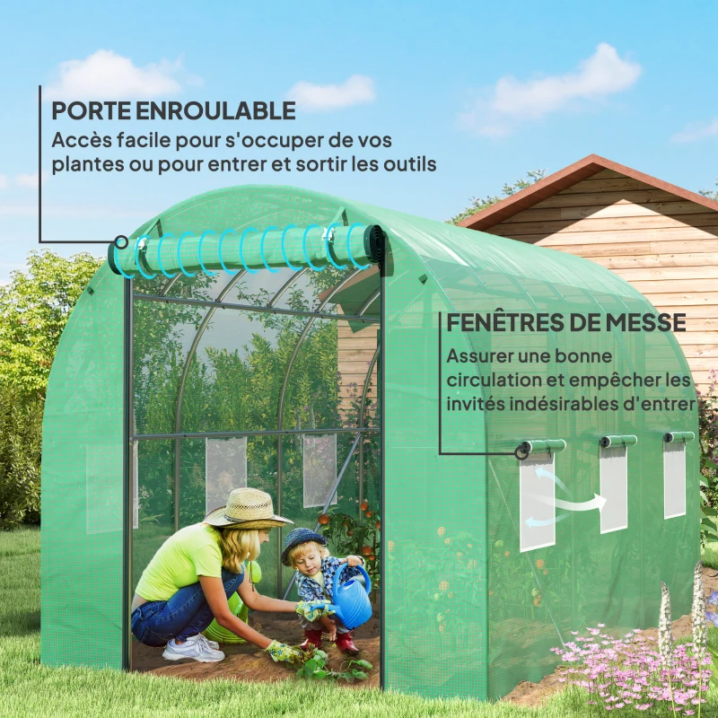 Outsunny Serre tunnel de jardin 3 x 2 x 2 m avec porte enroulable et grandes fenêtres, en acier galvanisé et PE, vert