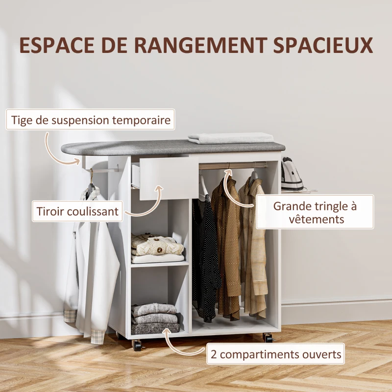 HOMCOM Armoire à repasser en bois table à repasser avec roulettes barre de suspension étagère 125 x 43,5 x 102,5 cm blanc