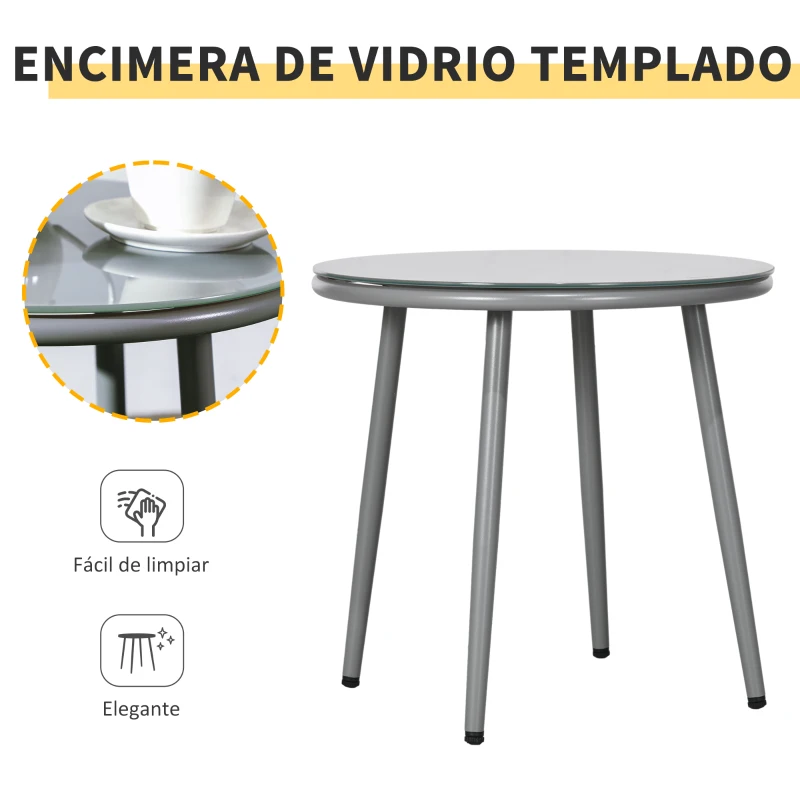 Outsunny Juego de 2 Sillas y Mesa de Ratán con Cojines Acolchados y Encimera de Vidrio para Balcón Terraza Gris