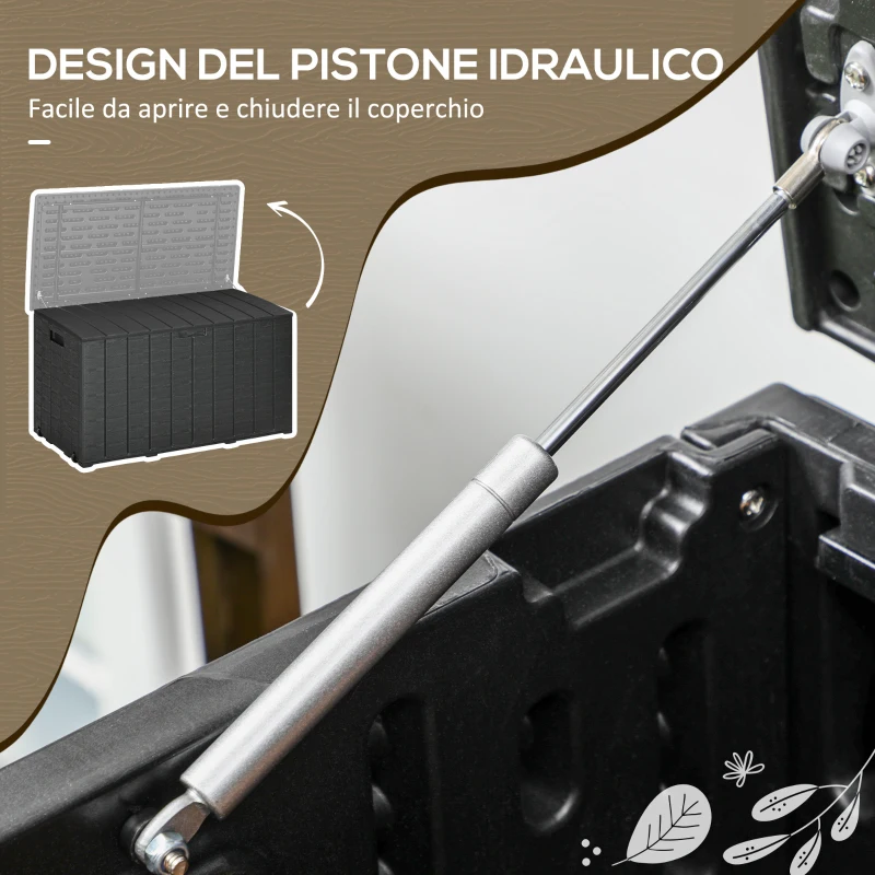 Outsunny Baule da Giardino da 366L Effetto Legno in Plastica, 122.4x62x64.5 cm, Nero