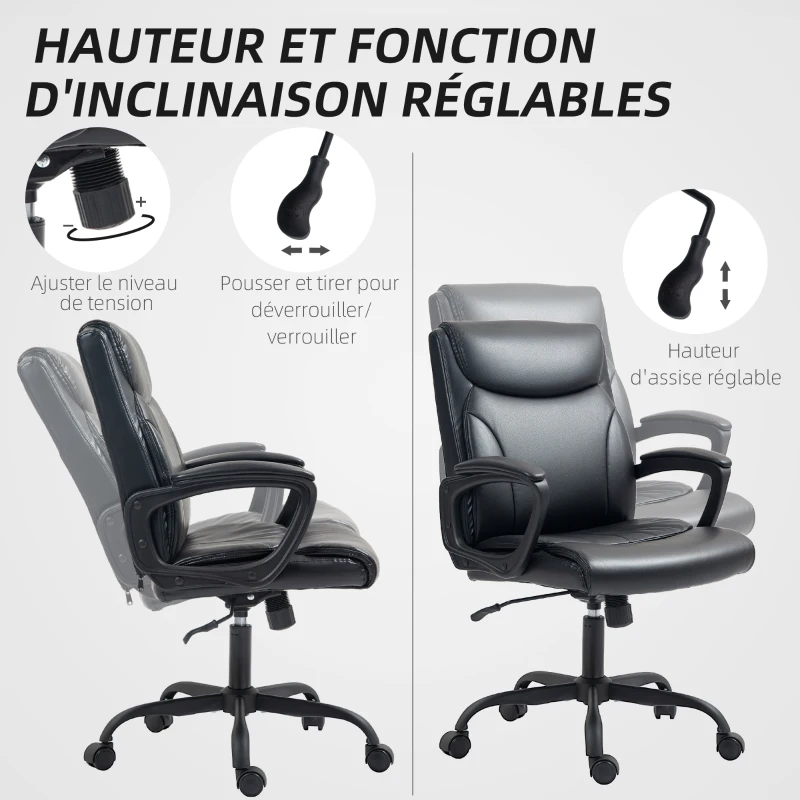 HOMCOM Chaise bureau fauteuil de bureau avec hauteur réglable, fonction à bascule, roulettes pivotantes, 60x68x95,5-105cm, noir