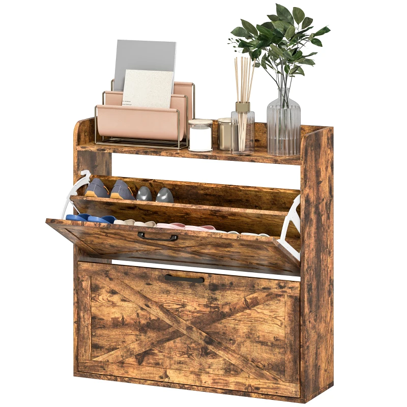 HOMCOM Two Flip Drawer Narrow Shoe Cabinet with Adjustable Shelves - Rustic Brown