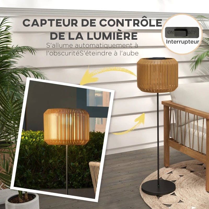 Outsunny Lampadaire solaire extérieur en résine tressée lampadaire sans fil rechargeable capteur de lumière Ø 34 x 130 cm jaune